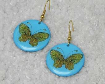 Zeleno modré náušnice s motýlem